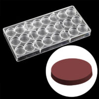 24 Cavity Round Flat Polycarbonate Chocolate Mould - Cake Tools - Polycarbonate Moulds - Showing Size