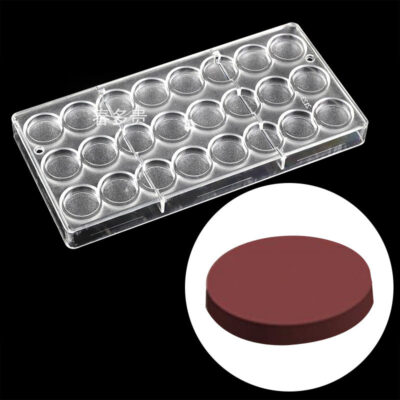 24 Cavity Round Flat Polycarbonate Chocolate Mould - Cake Tools - Polycarbonate Moulds - Showing Size