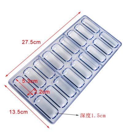 18 Cavity Capsule Shape Polycarbonate Chocolate Mould - Cake Tools - Polycarbonate Moulds - Showing Size