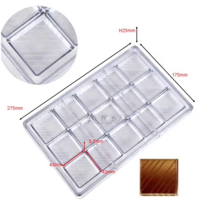 15 Cavity Thin Square Polycarbonate Chocolate Mould - Cake Tools - Polycarbonate Moulds - Close-up View