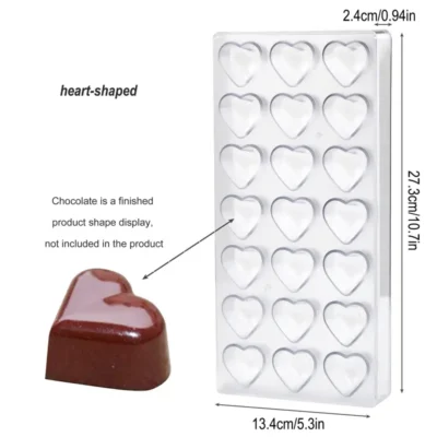 21 Cavity Heart Shaped Polycarbonate Chocolate Mould - Cake Tools - Polycarbonate Moulds - Showing Size