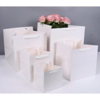White Textured Paper Gift Cake Box Bags with Ribbon Handles