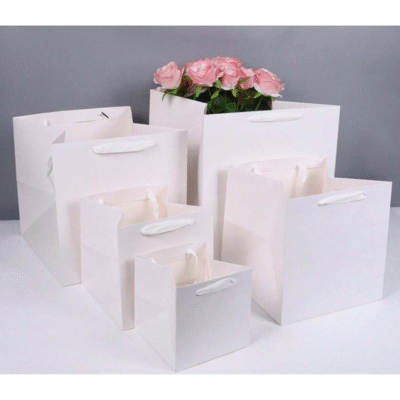 White Textured Paper Gift Cake Box Bags with Ribbon Handles