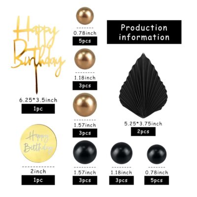 26 Pcs Set Gold Black Balls Cake Happy Birthday Cake Topper 1