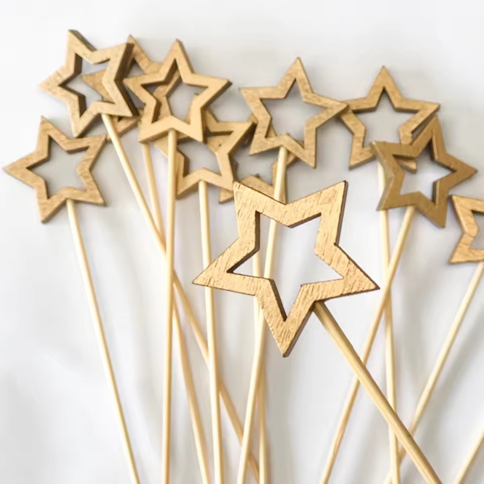Gold Wooden Star Cocktail Picks (50 Pcs) Disposable Bamboo Fruit Skewers Gold Wooden Star Cocktail Picks (50 Pcs) Disposable Bamboo Fruit Skewers