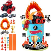 30PCS Racing Car & Truck Themed Cake Decorations Kit Fire, Flags, Trophy, and Monster Truck Birthday Toppers2