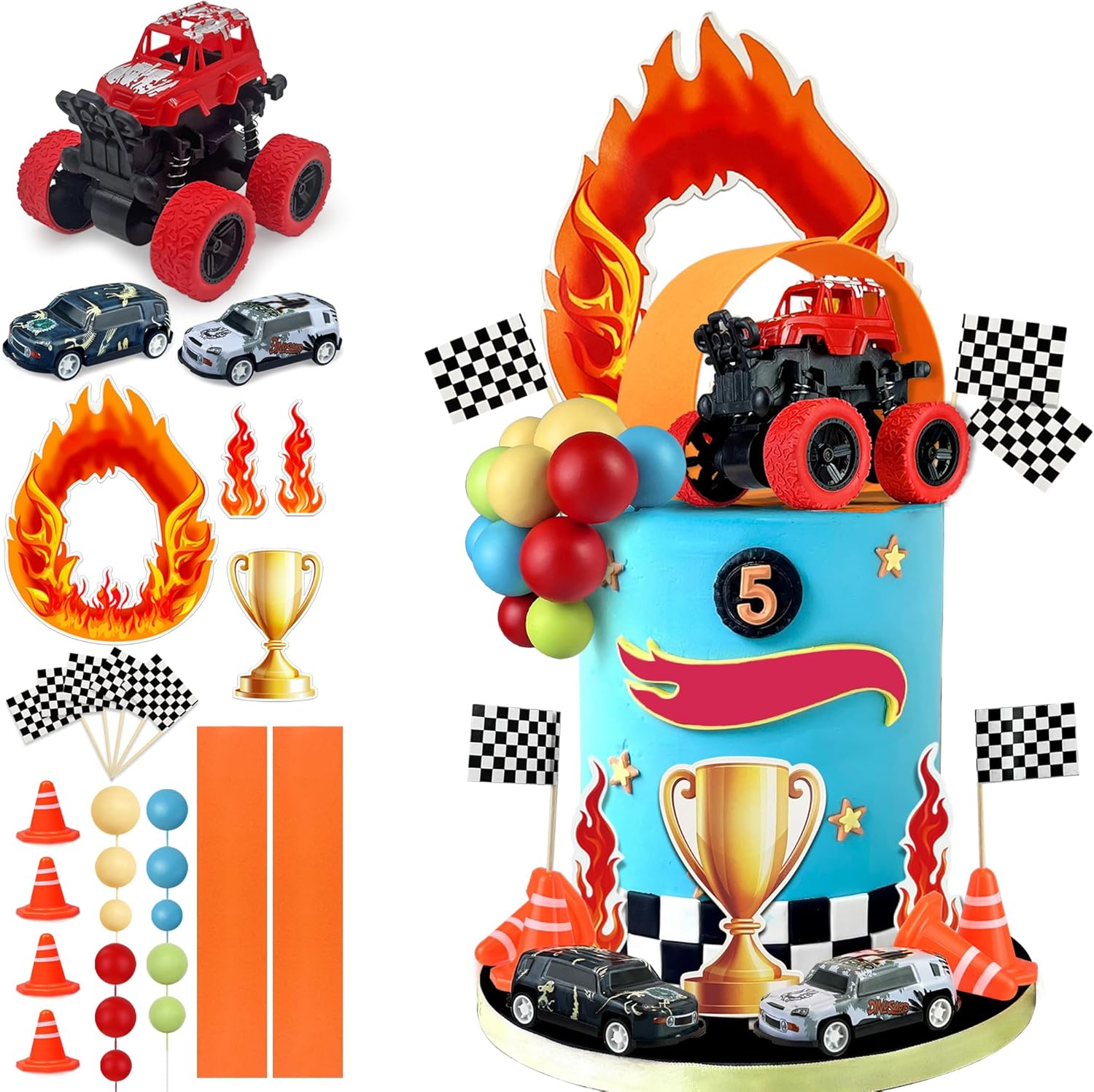 30PCS Racing Car & Truck Themed Cake Decorations Kit Fire, Flags, Trophy, and Monster Truck Birthday Toppers2 30PCS Racing Car & Truck Themed Cake Decorations Kit Fire, Flags, Trophy, and Monster Truck Birthday Toppers2