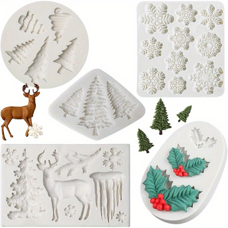 5pcs Christmas Mold Set 3D Snowflake, Christmas Tree, Reindeer, Holly Leaf 5pcs Christmas Mold Set 3D Snowflake, Christmas Tree, Reindeer, Holly Leaf