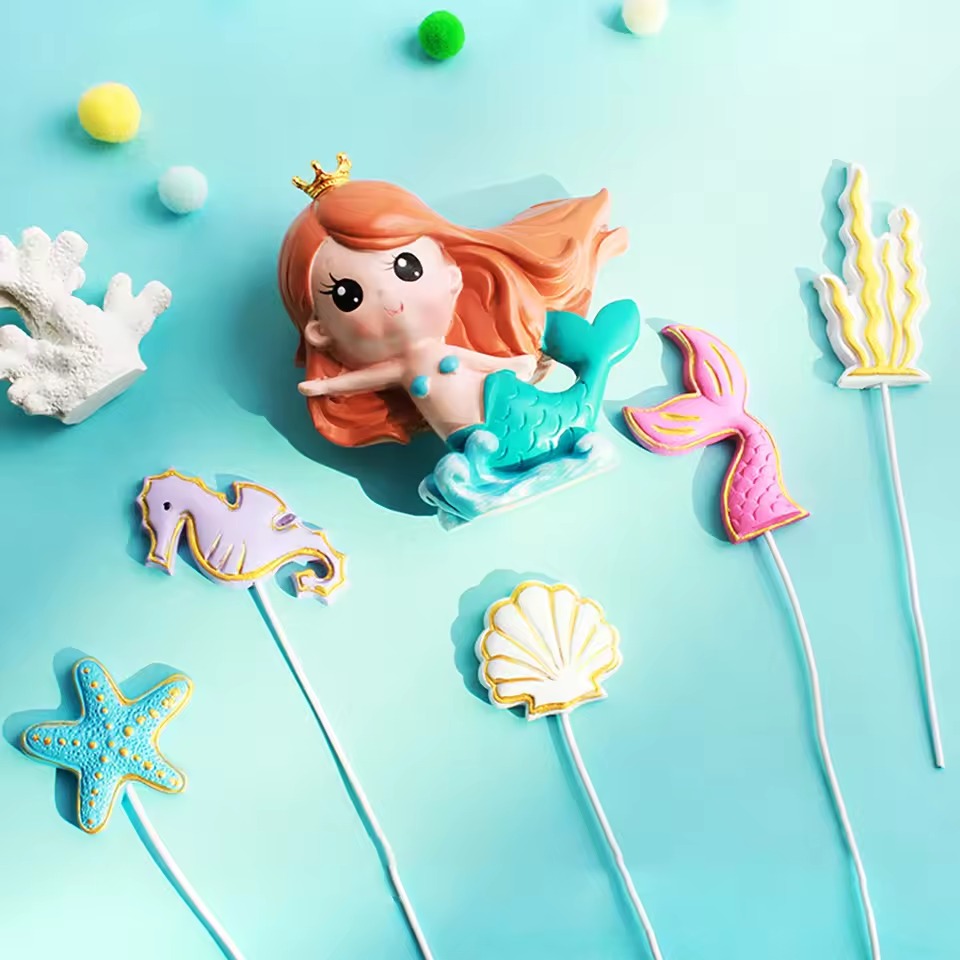 6 Pcs Mermaid Cake Topper Set with Seahorse & Starfish Resin Under the Sea Birthday Decoration 6 Pcs Mermaid Cake Topper Set with Seahorse & Starfish Resin Under the Sea Birthday Decoration