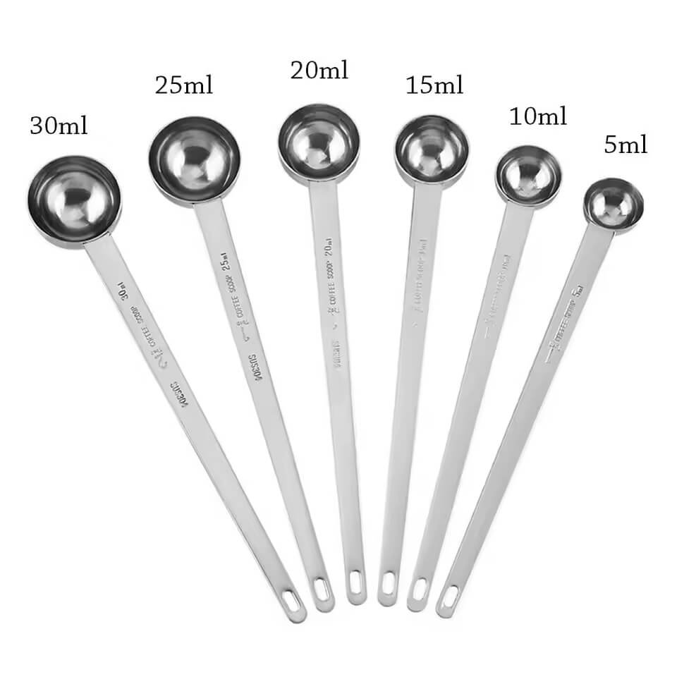 6 Piece Stainless Steel Measuring Spoon Set Engraved Coffee Scoop and Measuring Tool (5ml to 30ml) 6 Piece Stainless Steel Measuring Spoon Set Engraved Coffee Scoop and Measuring Tool (5ml to 30ml)