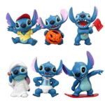 Stitch Action Figure Set 6 PCS Halloween, Surfing, and Sports Outfits Cake Toppers
